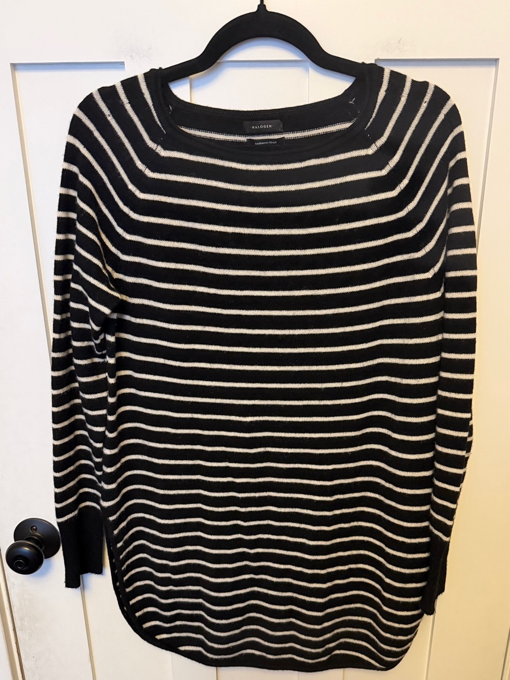 Halogen Black and Ivory Striped Cashmere Wool Blend Sweater Size Small Longline